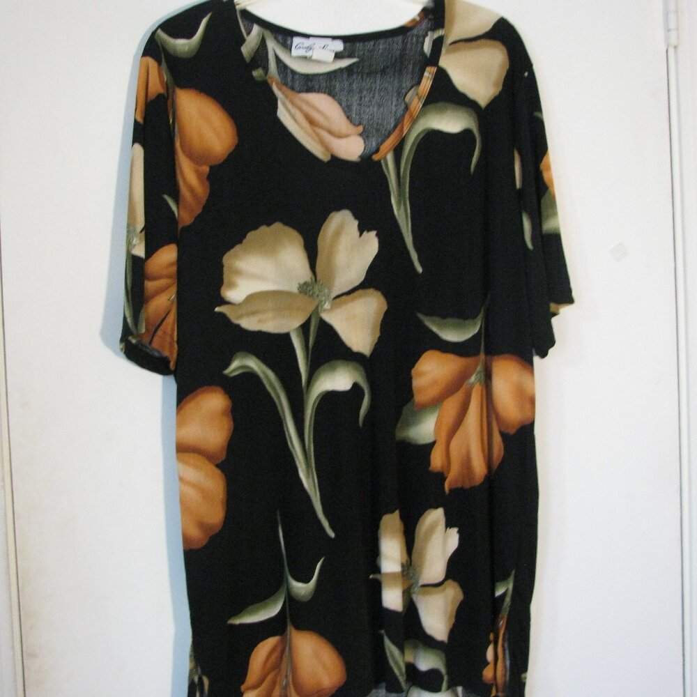 * Carolyn Strauss Floral Tunic 1X Plus Size Black Brown Flowers Blouse Stretch